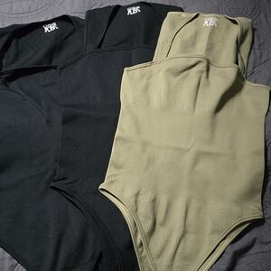 OQQ Ribbed Bodysuit Set in Black and Olive